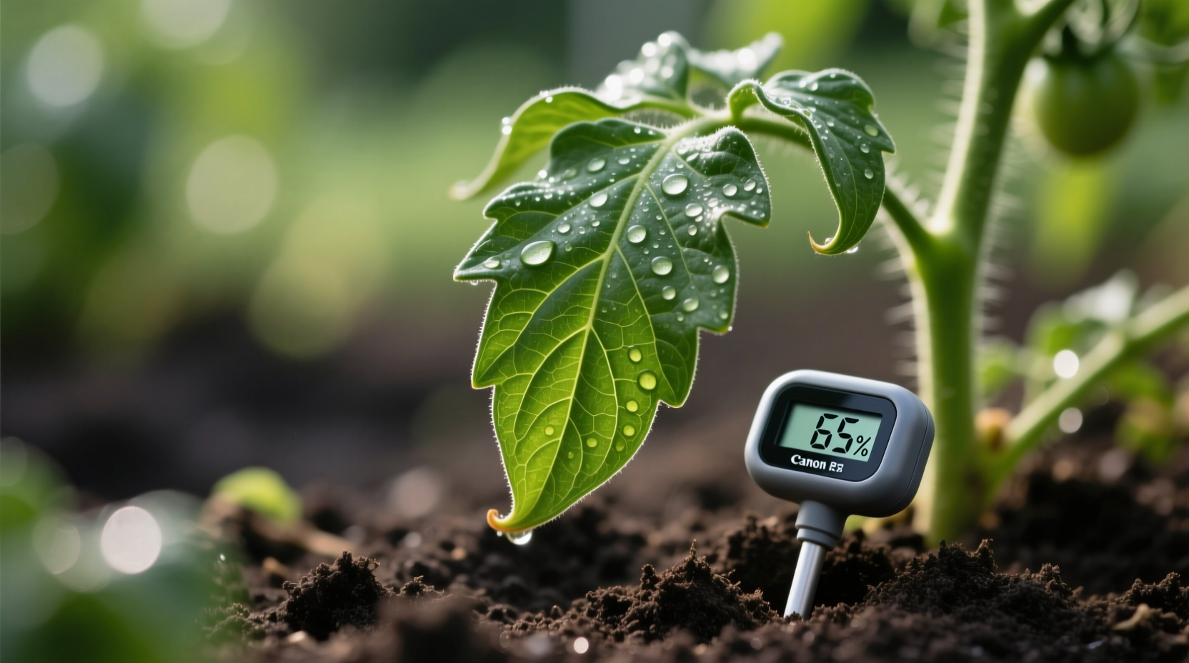 Close-up of tomato leaf curling under with soil moisture meter