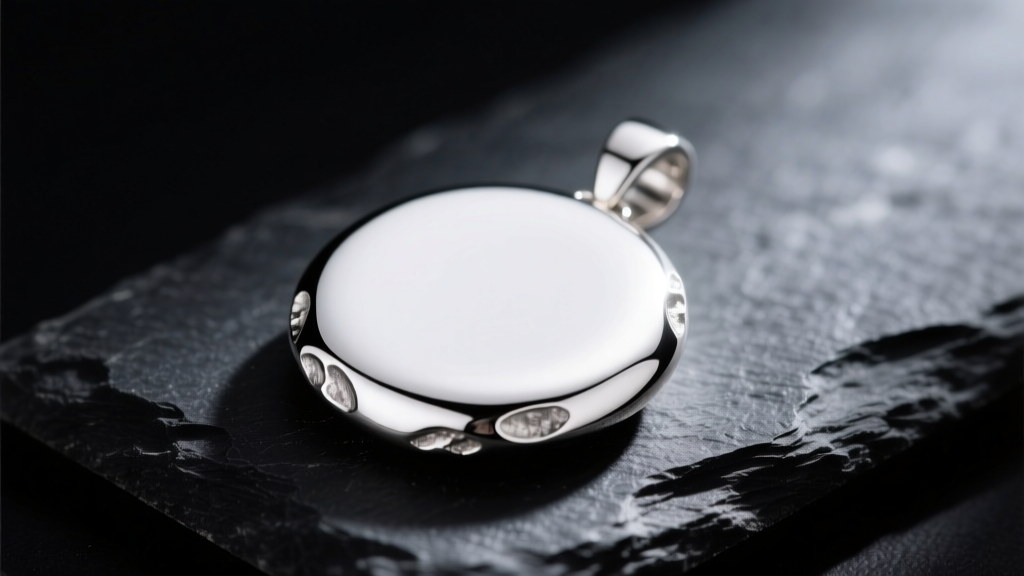 Macro shot of a .999 fine silver pendant on dark slate, highlighting its bright white luster and soft, unpolished rounded edges.