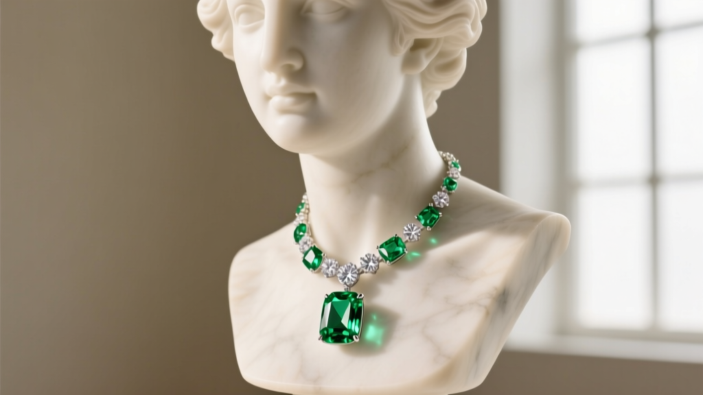 Vivid green tsavorite and diamond drop necklace on a bust, highlighting the high refractive index and bright gemstone brilliance.