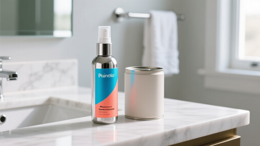 Branded piercing spray bottle beside a generic pharmacy sterile saline wound wash canister on a bright marble bathroom counter