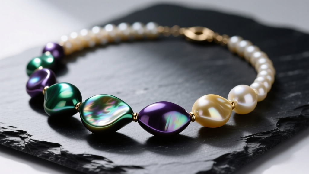 Close-up of an asymmetrical baroque keshi pearl necklace on dark slate, highlighting iridescent nacre under soft studio lighting.