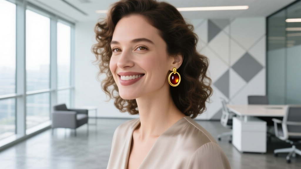 Woman wearing 14k gold huggie earrings with small cherry amber cabochons, smiling softly in a bright modern office environment.