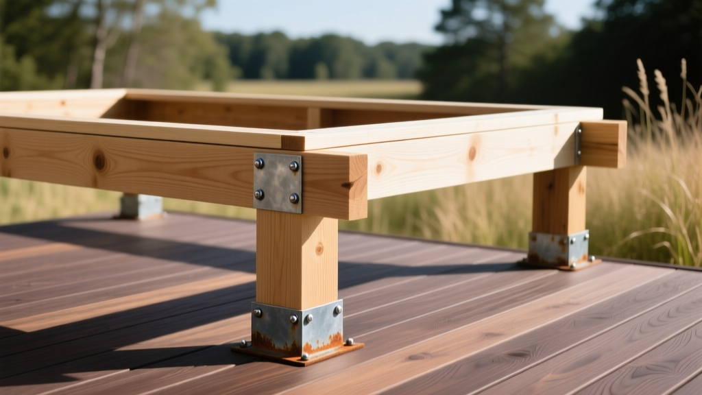 Deck framing showing pressure-treated pine joists, galvanized post bases, and dark hardwood decking boards in bright sunlight.