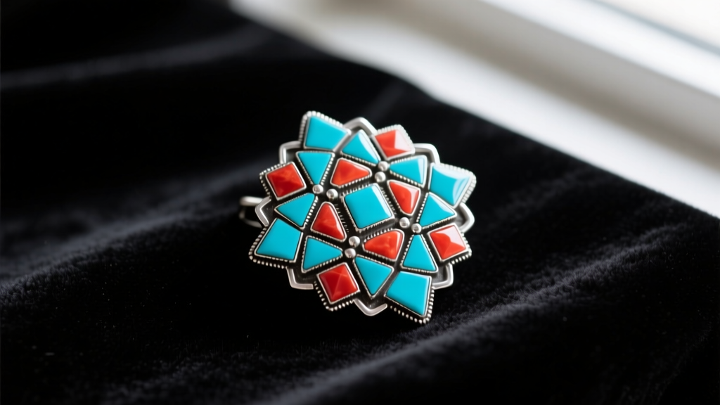 A polished Margot de Taxco silver brooch with vibrant blue turquoise and red coral mosaic inlay, resting on dark velvet