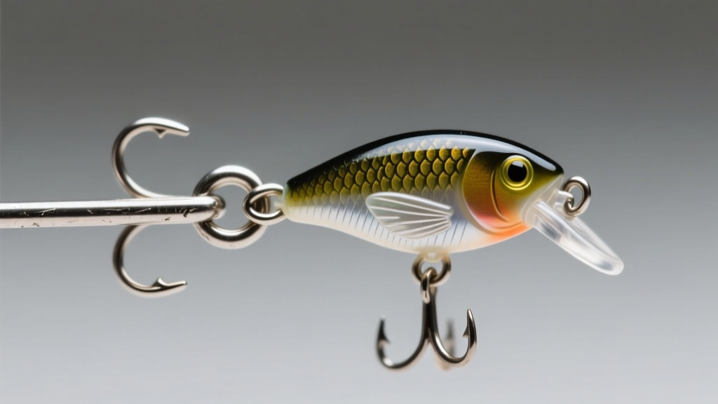 Macro shot of an 18-gauge surgical steel ear wire on a miniature resin crankbait replica, showing a secure jump ring connection.
