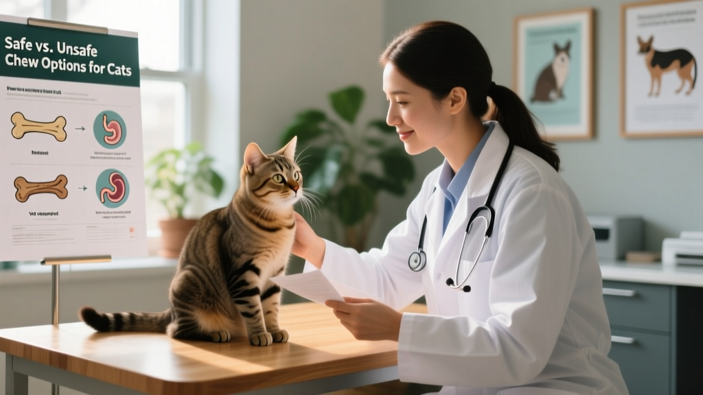Veterinarian examining a cat while holding a chart showing safe vs. unsafe chew options