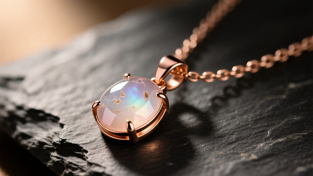 Close-up of a tarnished 14k rose gold necklace with a cloudy morganite pendant on dark slate under warm directional lighting