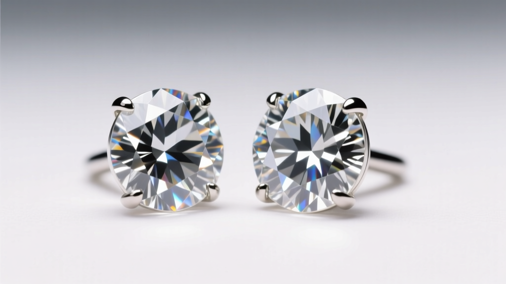 Macro view of natural and lab-grown diamond studs side-by-side, showing identical brilliance and facets under bright studio light.