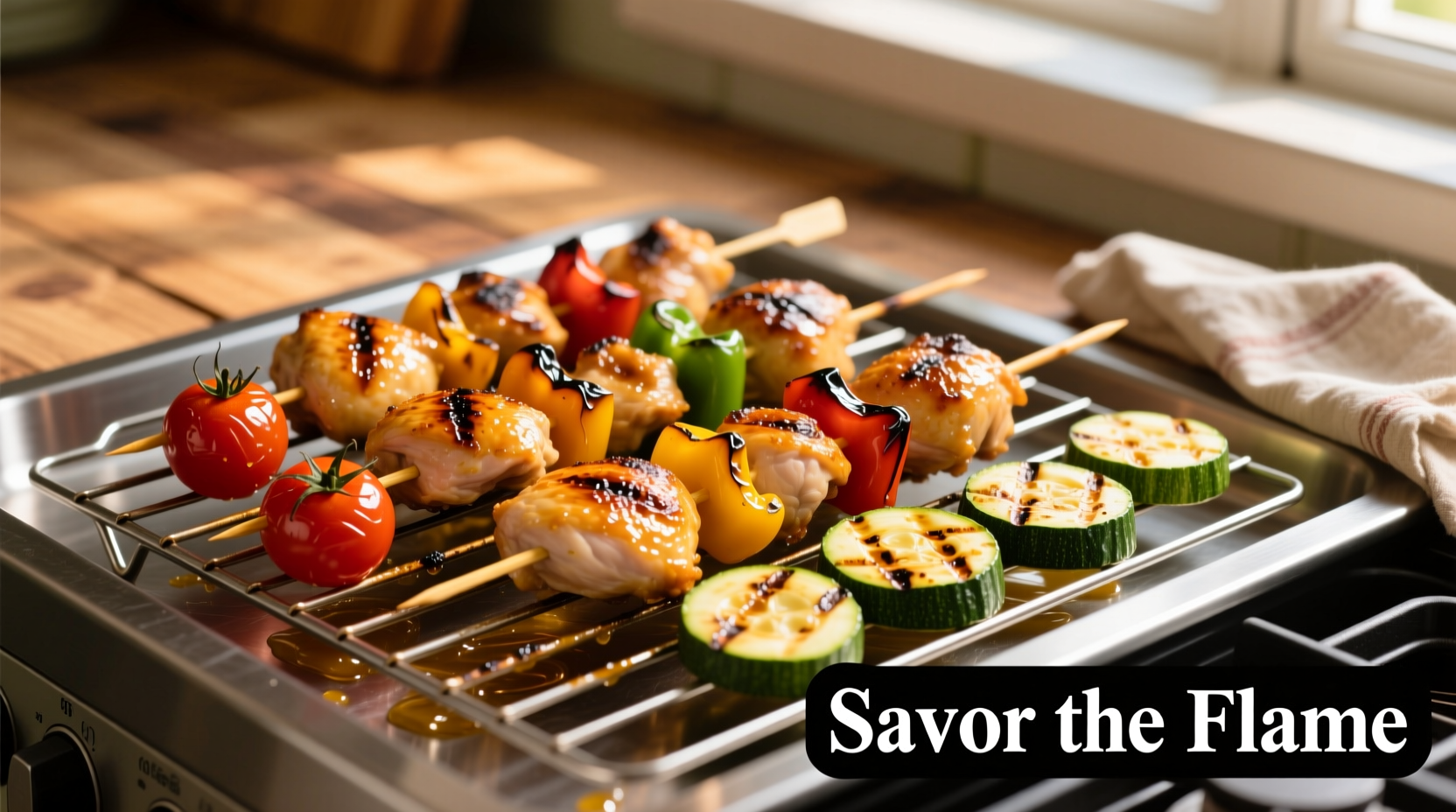Golden chicken skewers on oven rack with vegetables