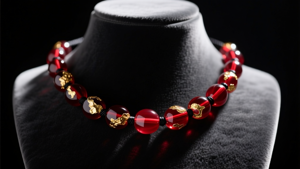 Macro shot of a ruby-red Murano glass bead necklace with gold foil inclusions, draped over a dark charcoal velvet display bust.