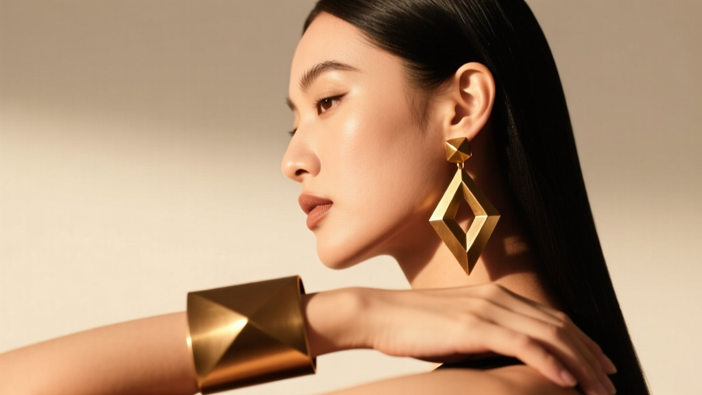 Side profile of a model wearing oversized geometric bronze drop earrings and a bold cuff bracelet, warm golden hour sunlight.