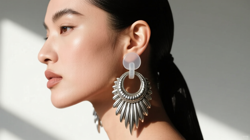 Side view of model wearing heavy silver concha earrings, with a clear silicone support pad discreetly holding up the stretched earlobe