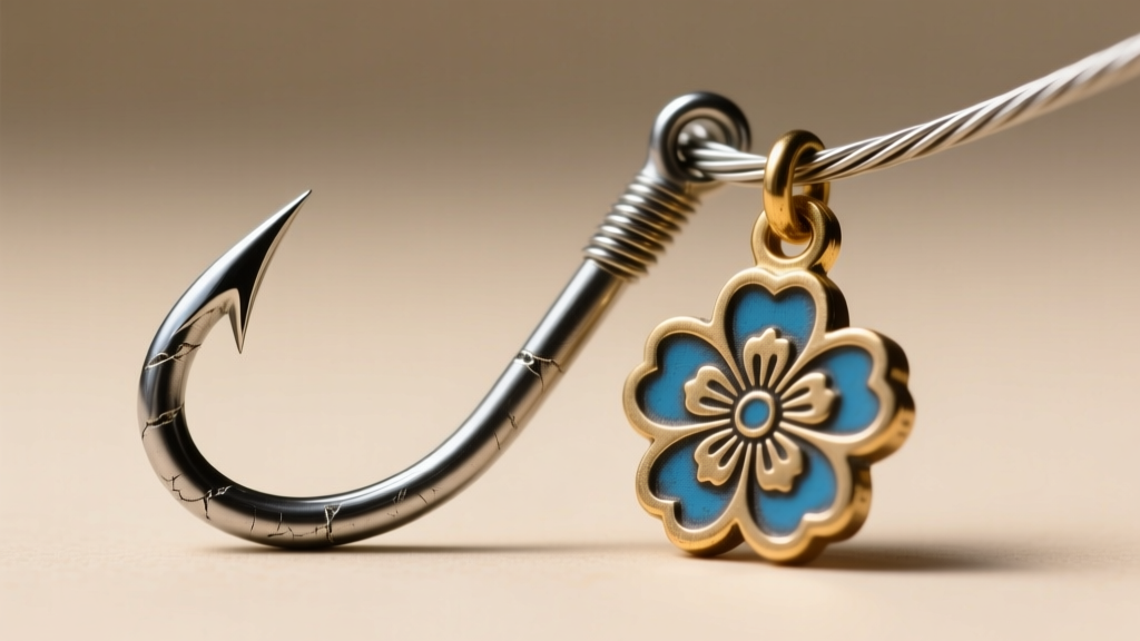 Close-up of a 20-gauge titanium fish hook wire next to a detached zinc alloy Hanafuda charm showing raw unpolished metal edges