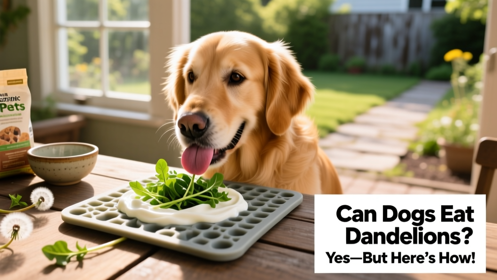 Dog happily licking a silicone lick mat topped with yogurt and dandelion greens