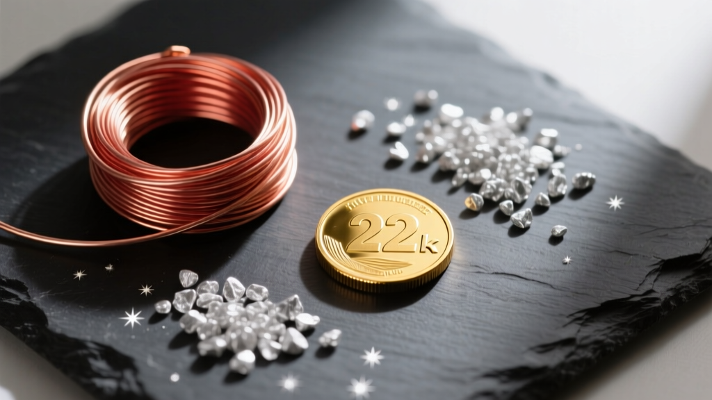 Overhead view of raw copper wire, pure silver grains, and a 22k gold coin on dark slate, showing traditional conductive metals.