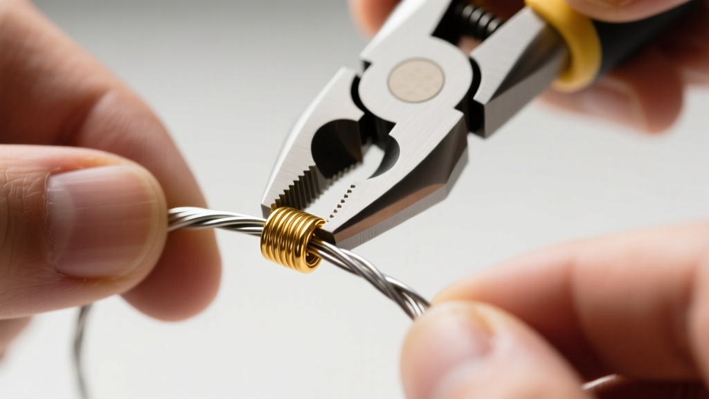 Close-up of hands using a crimping tool to secure a 2x2mm gold-filled crimp bead on a nylon-coated stainless steel beading wire