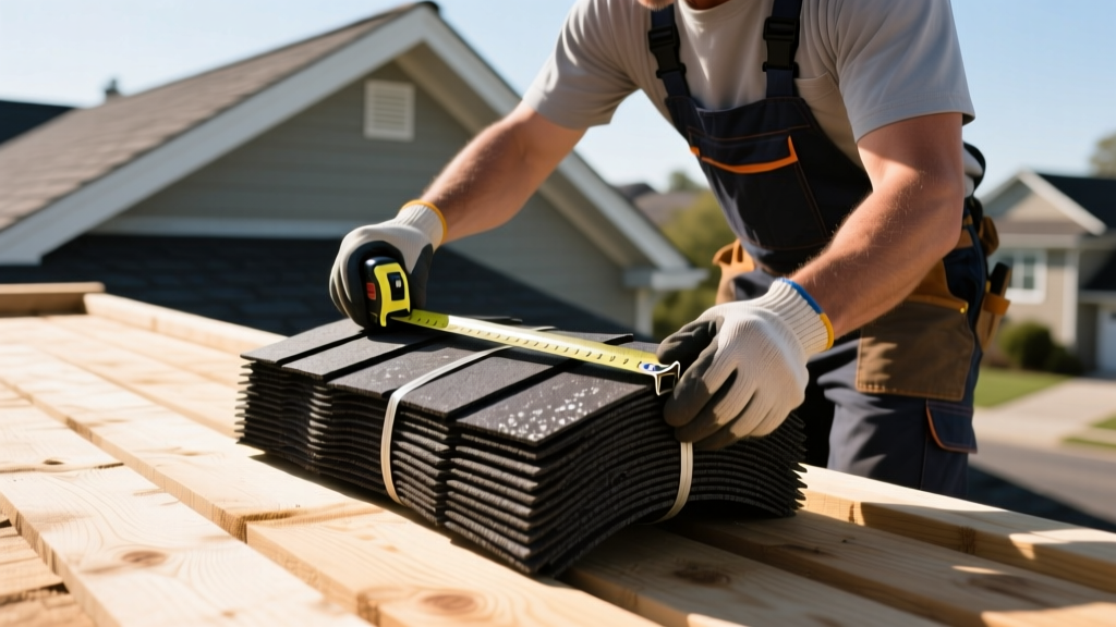 Roofing contractor measuring a bundle of dark architectural asphalt shingles on a wooden roof deck during a sunny residential installation