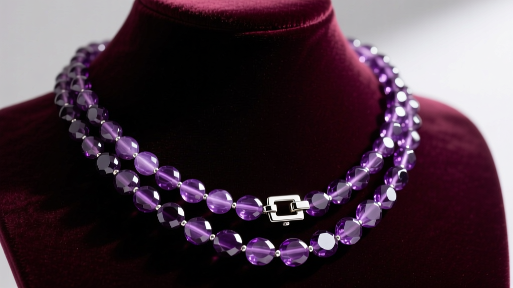 Opera-length purple amethyst beaded necklace draped on a dark velvet bust, showing deep violet hues and a secure silver clasp