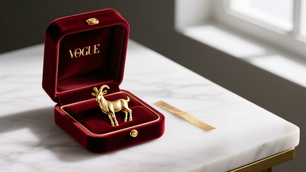 Open velvet jewelry box containing a polished 14k gold goat pendant resting next to an anti-tarnish strip, soft moody shadows