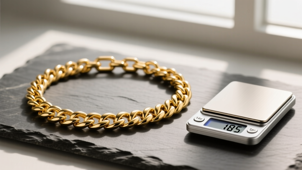 12mm 14k yellow gold Miami Cuban link chain laid flat on slate, next to a digital jewelry scale displaying a weight of 185 grams.