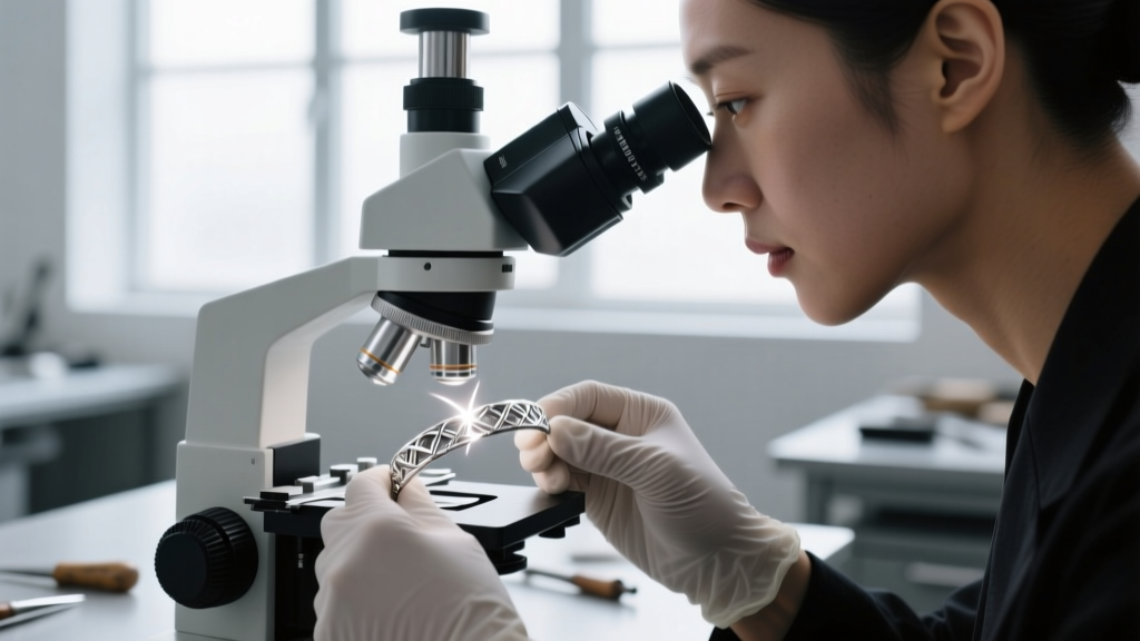Jeweler using a stereo microscope to inspect a pulse arc weld joint on a delicate sterling silver permanent jewelry bracelet