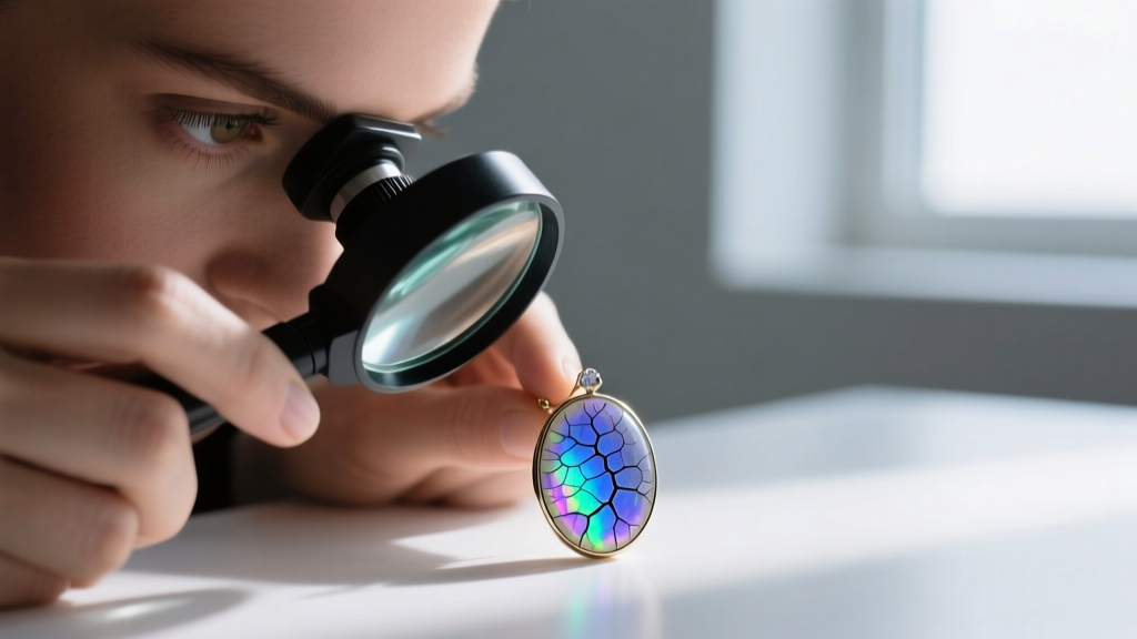 Jeweler using a 10x loupe to inspect a rainbow moonstone earring, revealing natural centipede stress fractures inside the gem