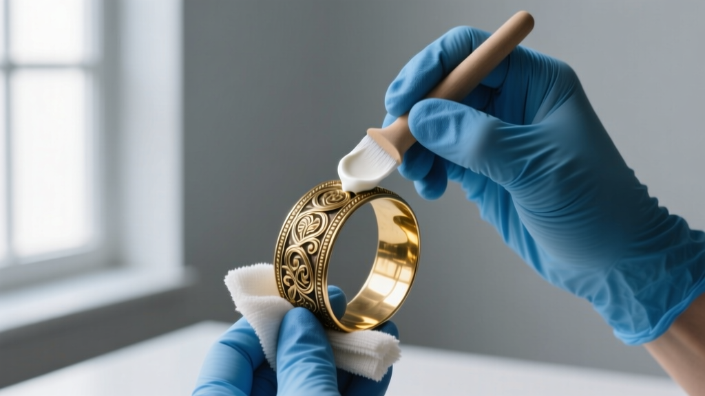 Jeweler wearing blue nitrile gloves applying white polishing compound to a vintage brass cuff bracelet using a microfiber cloth.