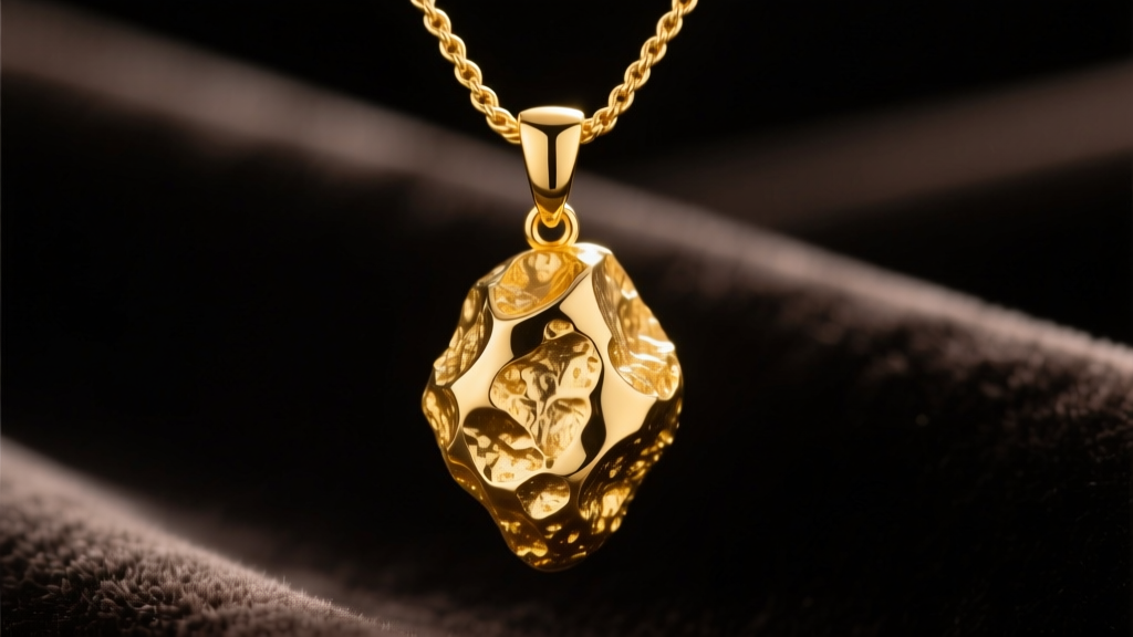 Macro shot of a 14k yellow gold natural nugget pendant on a rope chain, lit by warm studio lighting against dark velvet background
