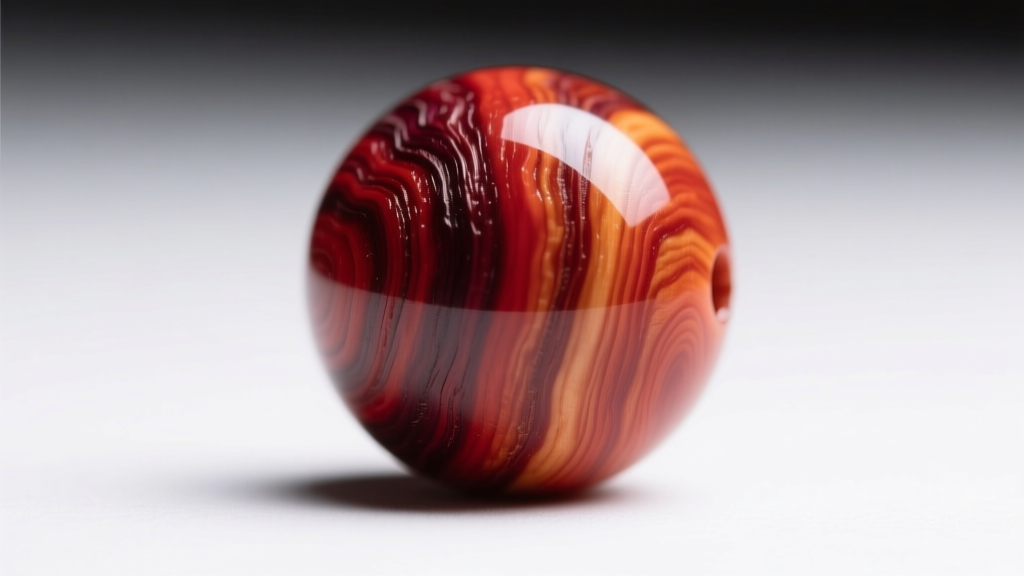 Macro shot of a carved red coral bead revealing natural wood-grain striations and subtle color shifts under focused studio light.