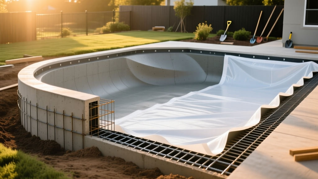 Backyard construction site showing a steel-reinforced gunite concrete pool shell next to a framed vinyl liner pool kit.