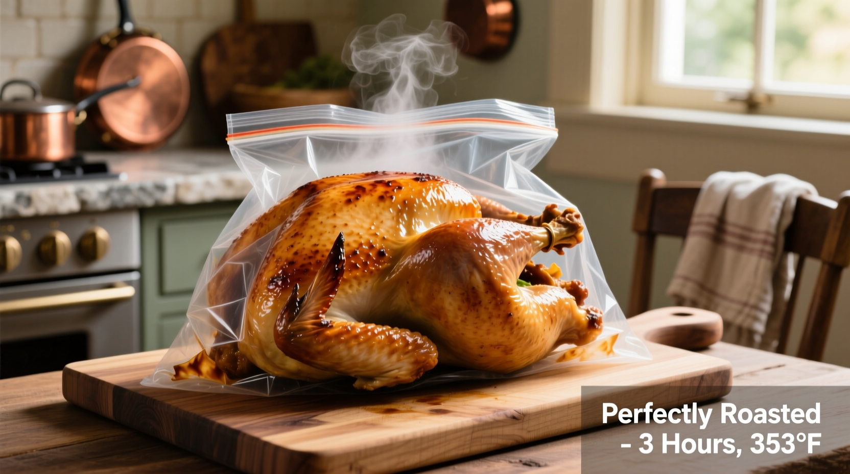 Perfectly roasted turkey in cooking bag with golden skin