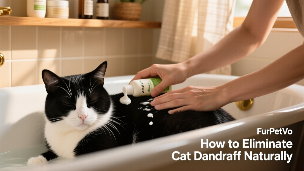 Cat calmly resting during a bath, with owner gently applying FurPetVo Oatmeal & Aloe Shampoo