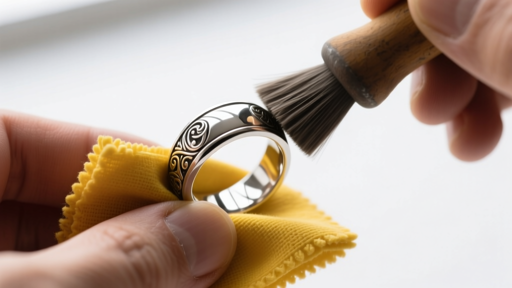 Hands buffing a scratched silver ring with a yellow polishing cloth, revealing a bright mirror finish beneath surface scuffs.