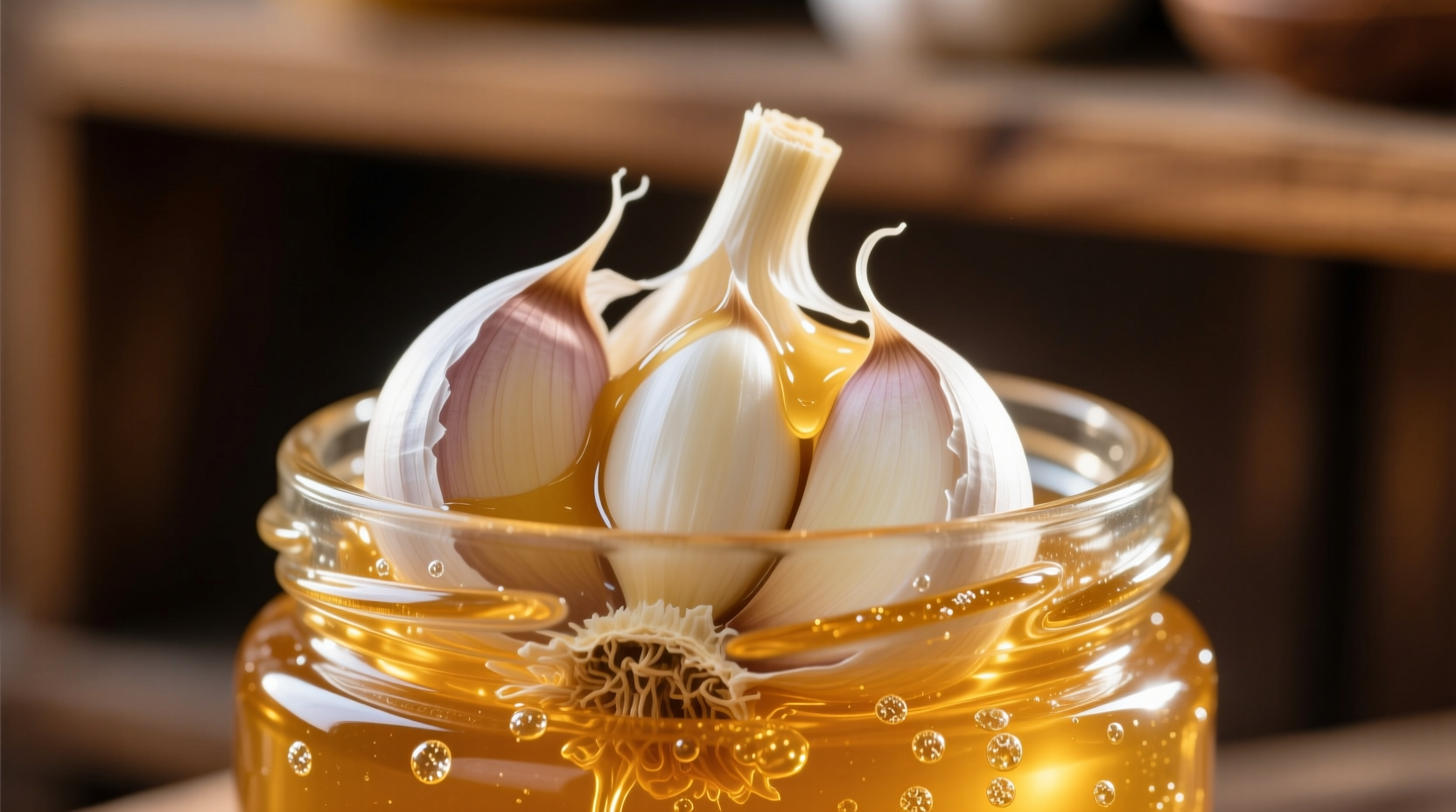 Fresh garlic cloves submerged in raw honey in glass jar