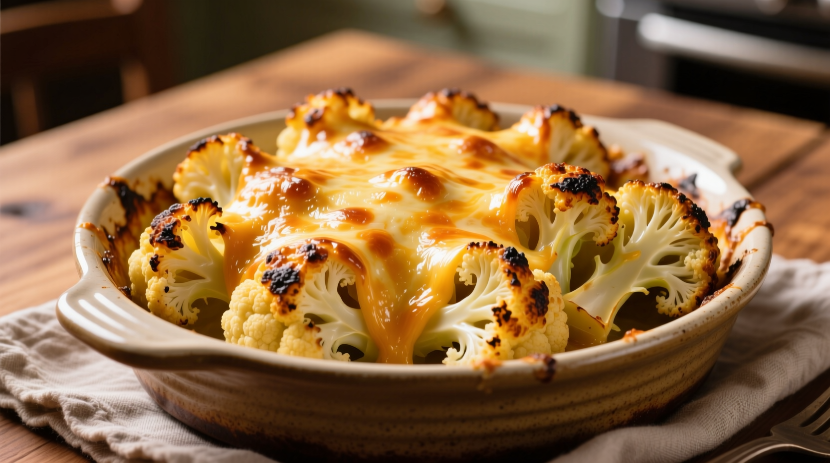 Golden baked cheesy cauliflower with melted cheese topping