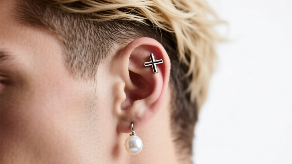 Close-up of a male ear stack featuring a textured blonde haircut, a small titanium cross stud, and a single freshwater pearl drop