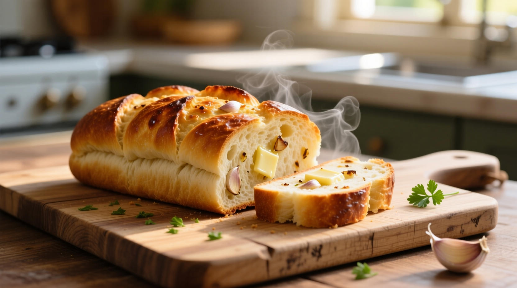 Perfect golden garlic bread on wooden cutting board