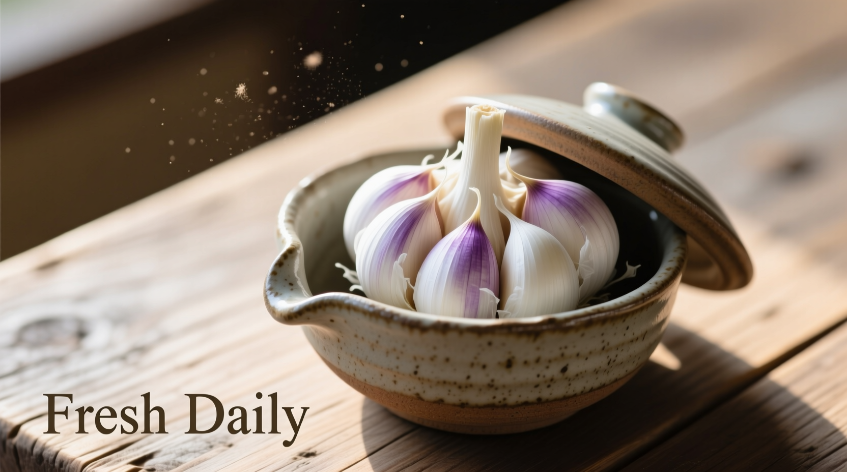 Ceramic garlic keeper with fresh garlic cloves