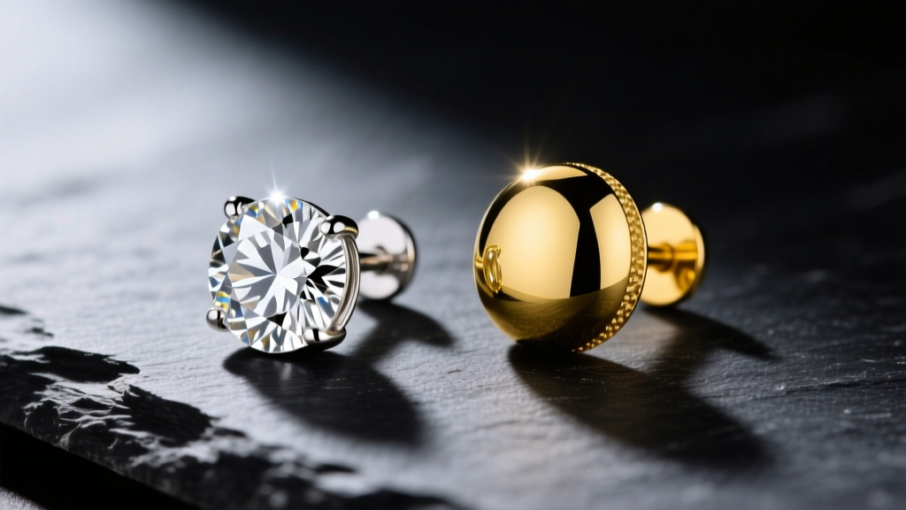 Macro photo of 14k white gold diamond stud next to 18k yellow gold dome stud, showing color contrast on dark slate surface