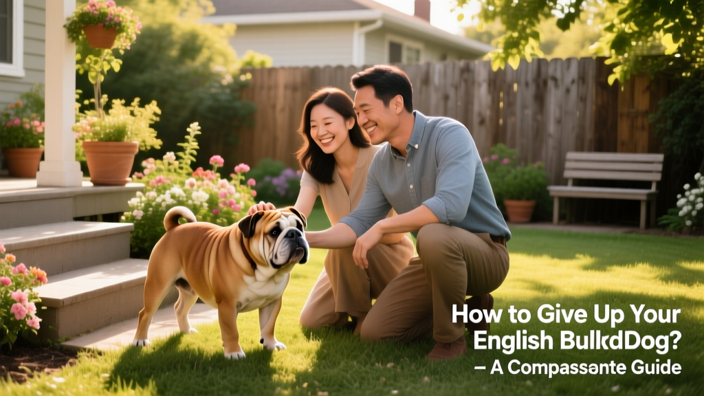 Two people smiling as they gently introduce an English Bulldog to a new home’s backyard