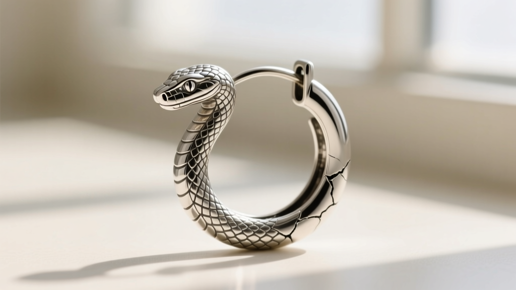 Close-up of a hinged hoop earring clasp bearing a heavy silver serpent head, showing slight metal warping and stress at the seam.
