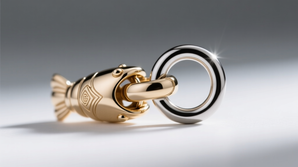 Extreme close-up of a 5mm 14k white gold lobster clasp securely closed on a fine jump ring, illuminated by directional macro light
