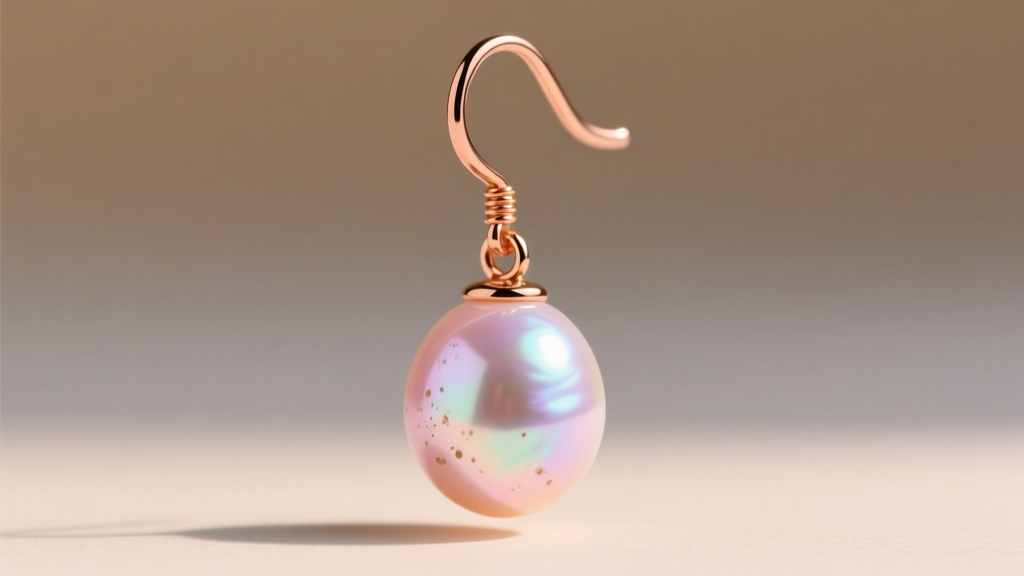 Close-up of a freshwater pearl drop earring on a rose gold fishhook, highlighting subtle pastel overtones and natural surface blemishes