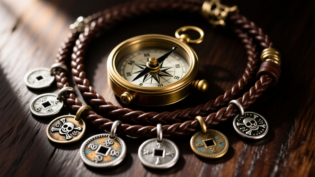 Layered pirate necklaces featuring oxidized silver doubloon pendants, braided leather cords, and a brass compass on dark oak