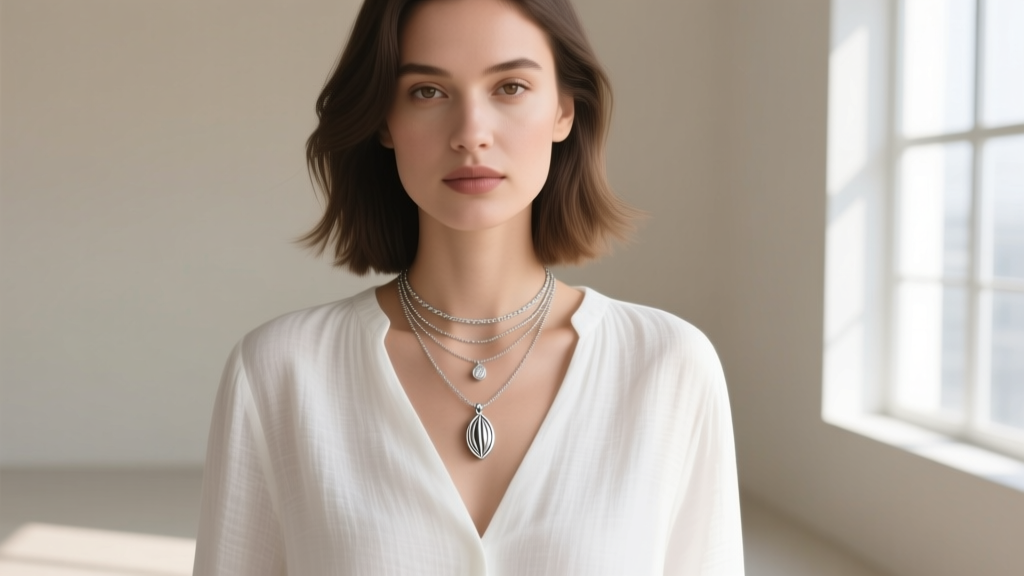 A woman wearing a layered necklace stack, featuring a sterling silver mustard seed pendant resting on a crisp white linen blouse.