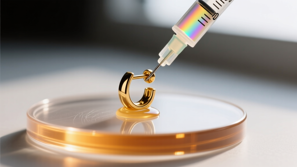 Macro view of a gold earring post reattached to clear Lucite using a syringe filled with two-part epoxy jewelry adhesive