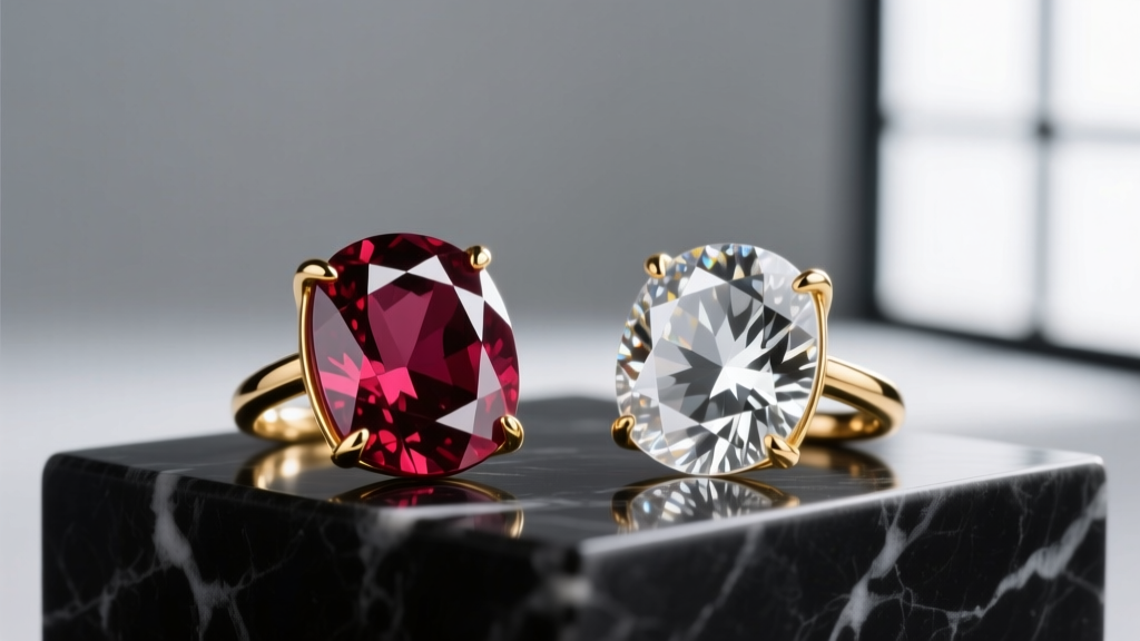 Natural unheated Burmese ruby and lab-grown hydrothermal ruby in 18k gold bezel settings compared side-by-side on a jeweler