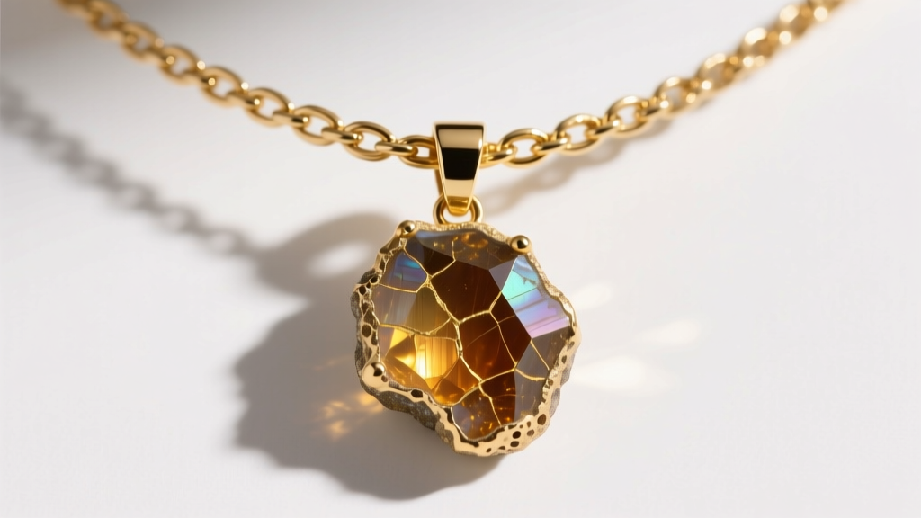 Close-up of a 14k gold neo-brutalist necklace with a 5mm figaro chain, showcasing a porous, unpolished raw pyrite geode pendant.