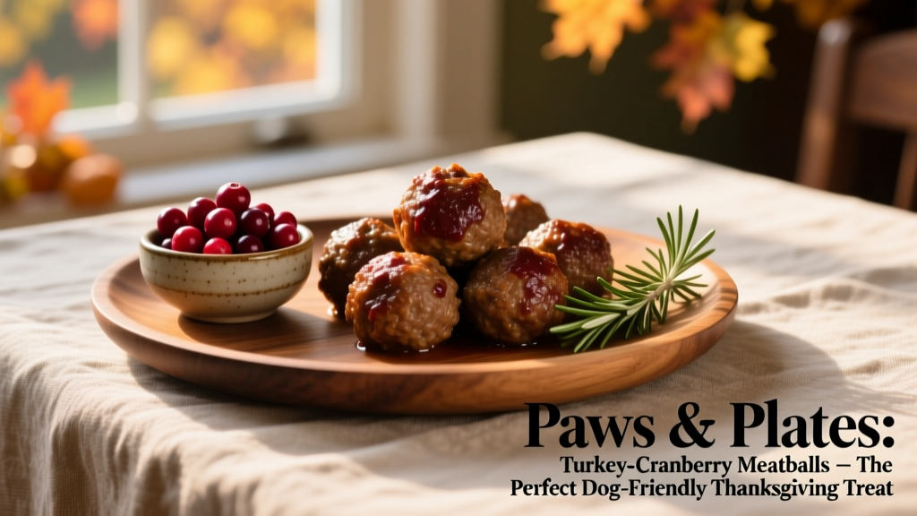 A neatly arranged plate of turkey-cranberry meatballs beside a small bowl of fresh cranberries and a sprig of rosemary