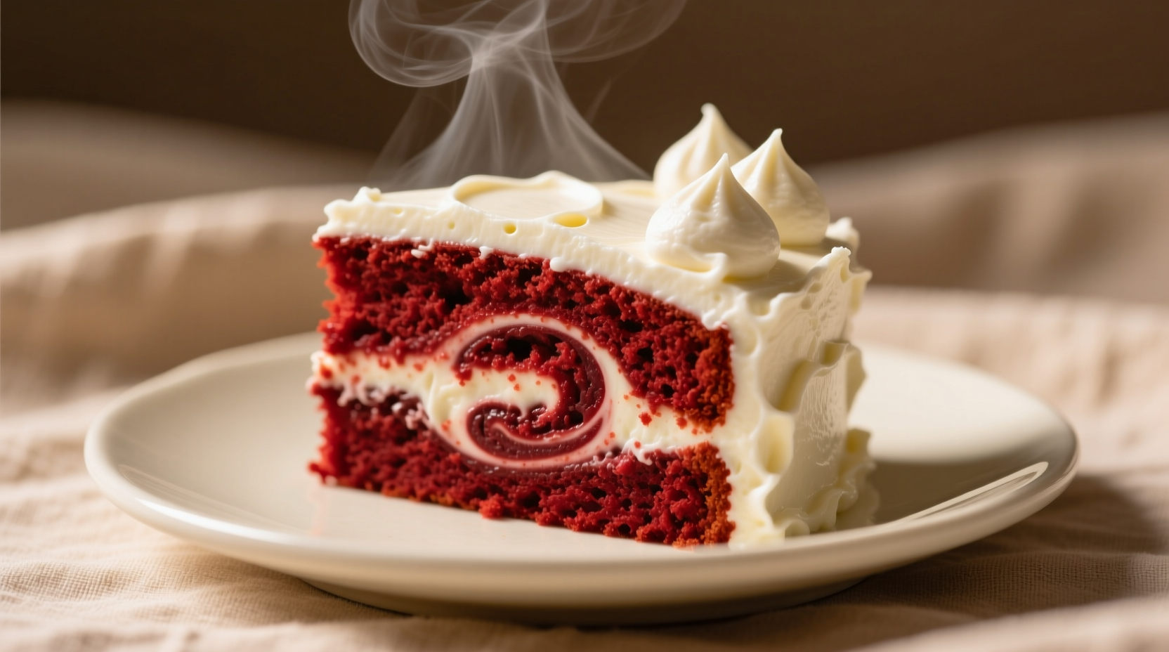 Slice of red velvet cake with cream cheese frosting